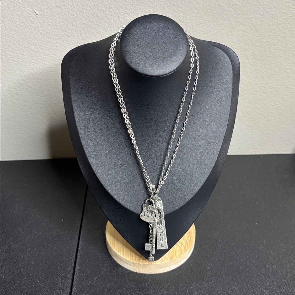 Good Works Charm Sayings Long Necklace I Can Believe & Thankful Silver Tone